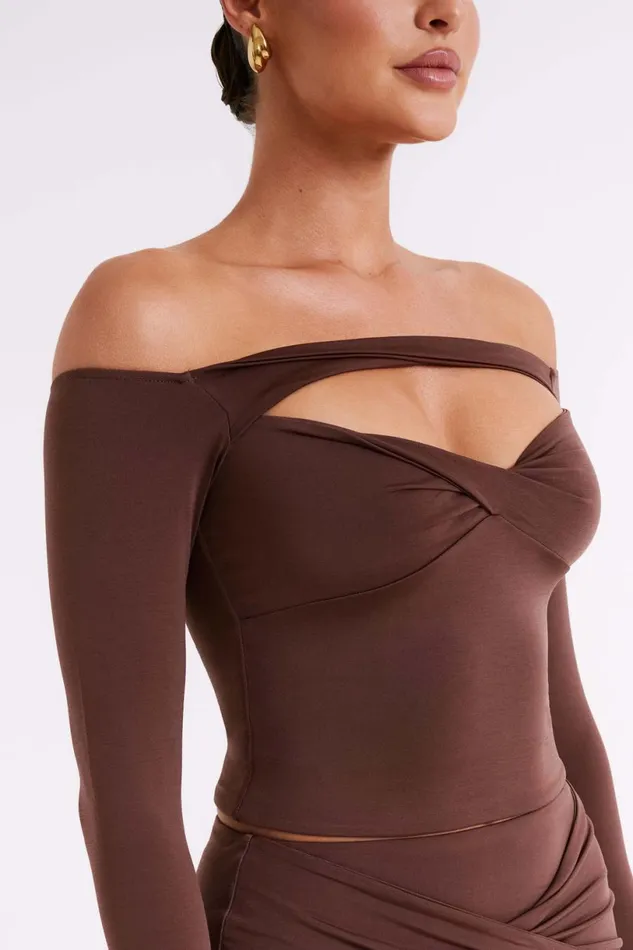Meshki Long Sleeve Tops Women Ceri Off Shoulder Long Sleeve Top 8211 Mocha Mocha