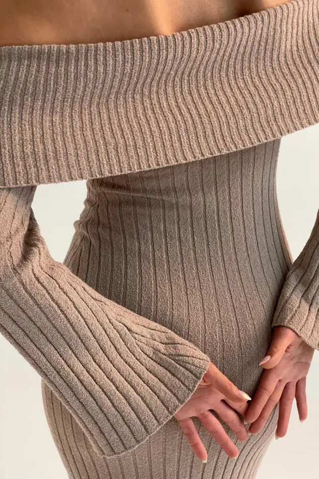 Meshki Maternity Dresses Women Stefania Off Shoulder Knit Dress 8211 Taupe Taupe