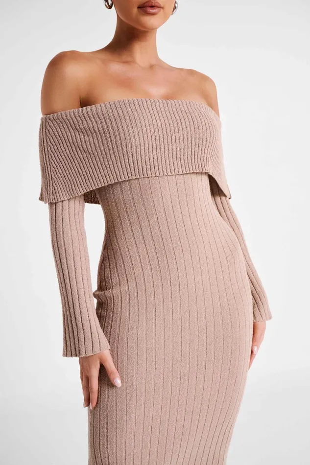 Meshki Maternity Dresses Women Stefania Off Shoulder Knit Dress 8211 Taupe Taupe