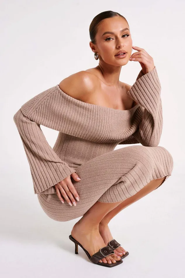Meshki Maternity Dresses Women Stefania Off Shoulder Knit Dress 8211 Taupe Taupe