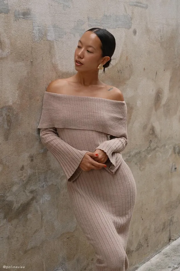 Meshki Maternity Dresses Women Stefania Off Shoulder Knit Dress 8211 Taupe Taupe
