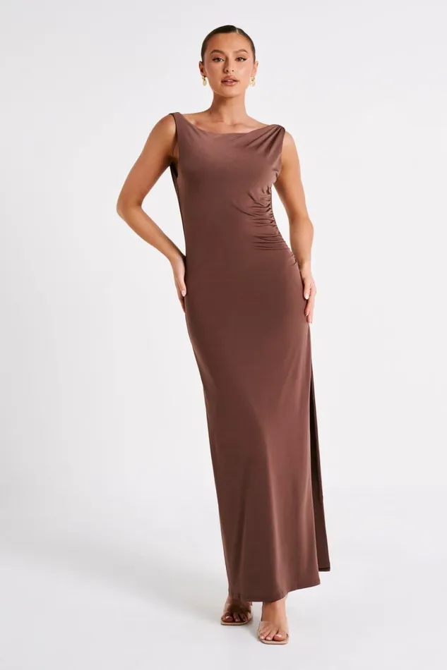 Meshki Maxi Dresses Women Alika Draped Front Maxi Dress 8211 Mocha Mocha