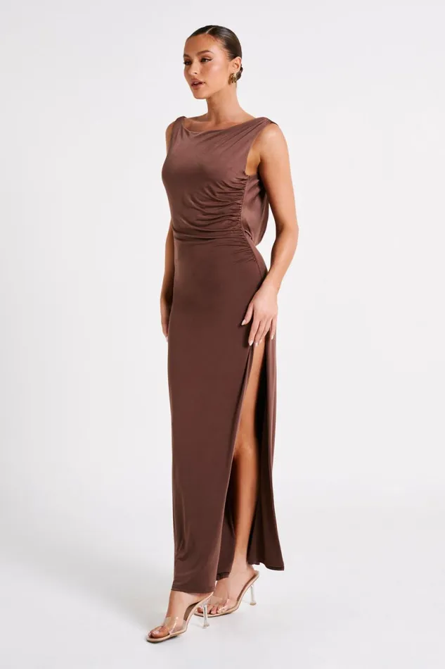 Meshki Maxi Dresses Women Alika Draped Front Maxi Dress 8211 Mocha Mocha