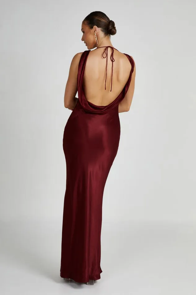 Meshki Maxi Dresses Women Angelique Satin Cowl Back Maxi Dress 8211 Berry Berry