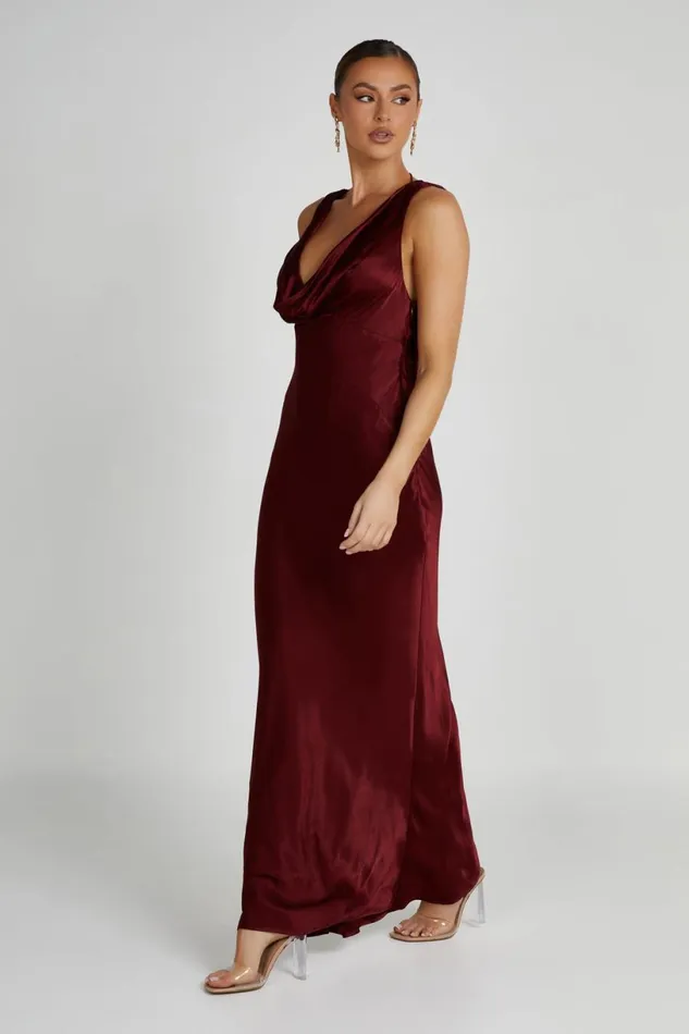 Meshki Maxi Dresses Women Angelique Satin Cowl Back Maxi Dress 8211 Berry Berry