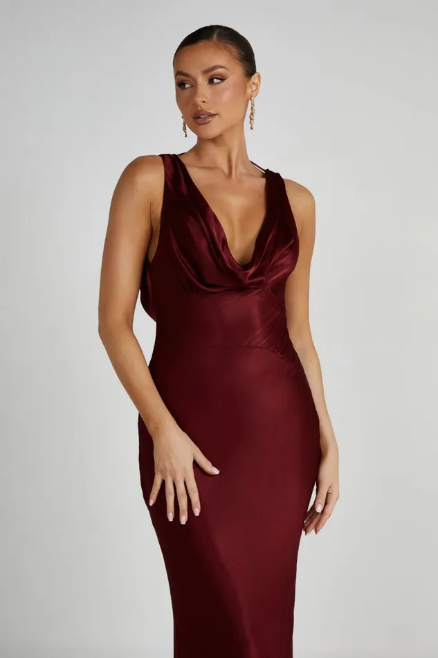 Meshki Maxi Dresses Women Angelique Satin Cowl Back Maxi Dress 8211 Berry Berry
