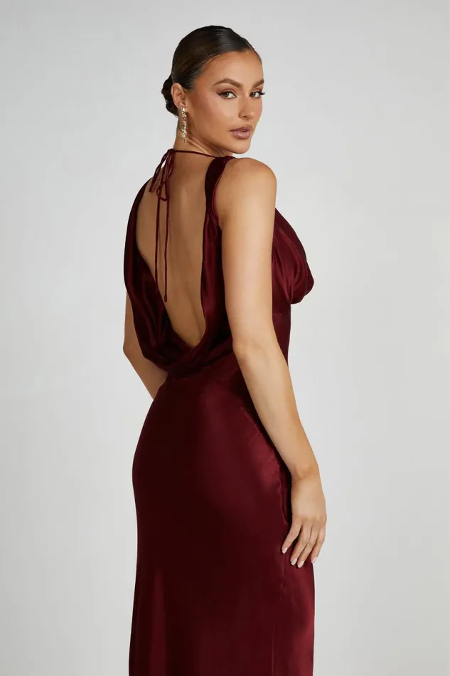 Meshki Maxi Dresses Women Angelique Satin Cowl Back Maxi Dress 8211 Berry Berry