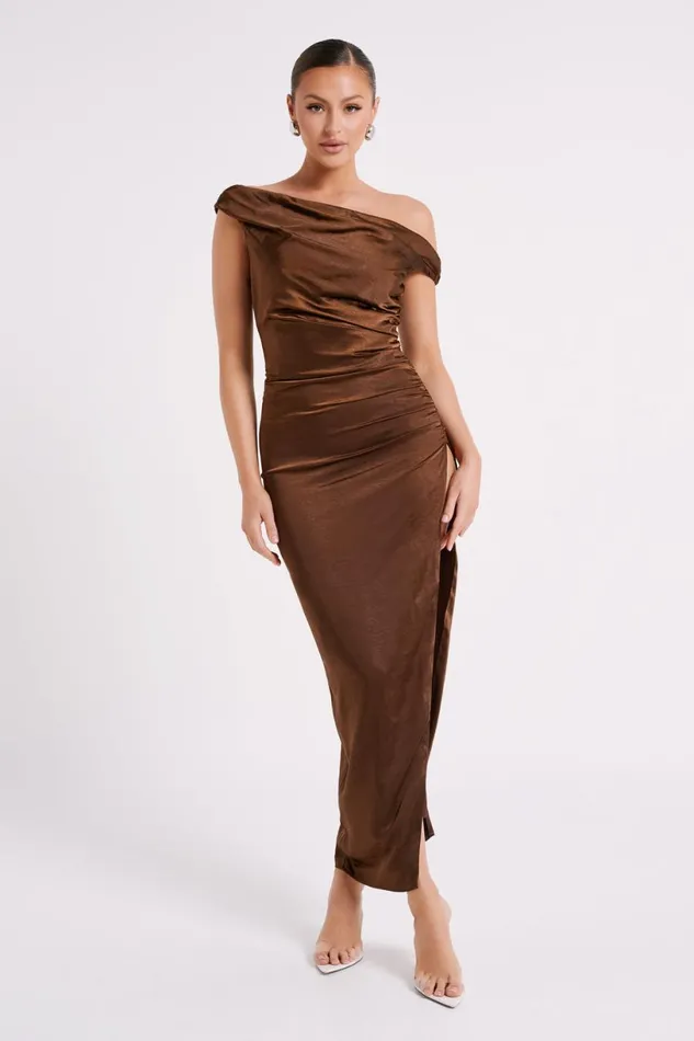 Meshki Maxi Dresses Women Arianne Draped Satin Maxi Dress 8211 Dark Chocolate Dark Chocolate