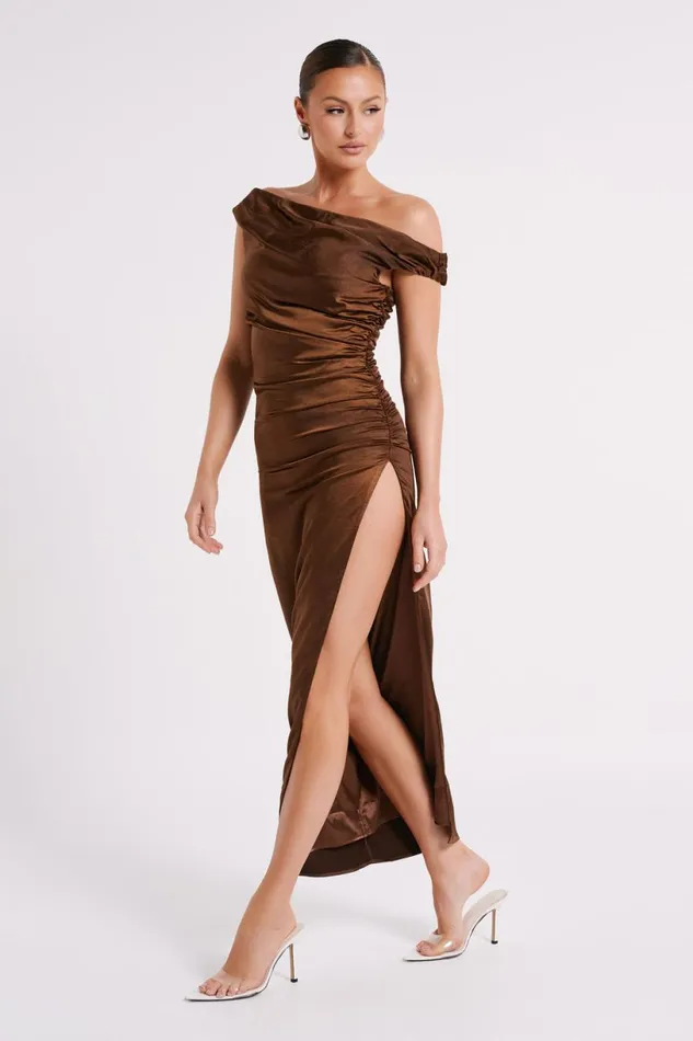 Meshki Maxi Dresses Women Arianne Draped Satin Maxi Dress 8211 Dark Chocolate Dark Chocolate