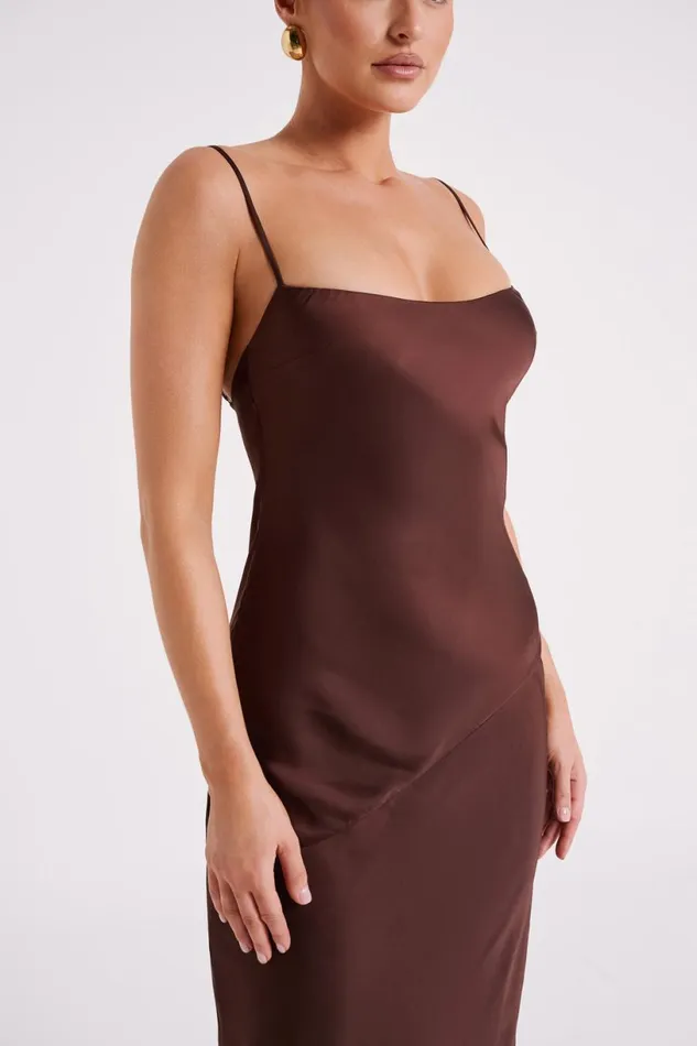 Meshki Maxi Dresses Women Brynlee Low Back Satin Maxi Dress 8211 Dark Chocolate Darkchocolate