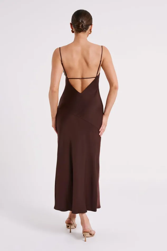 Meshki Maxi Dresses Women Brynlee Low Back Satin Maxi Dress 8211 Dark Chocolate Darkchocolate