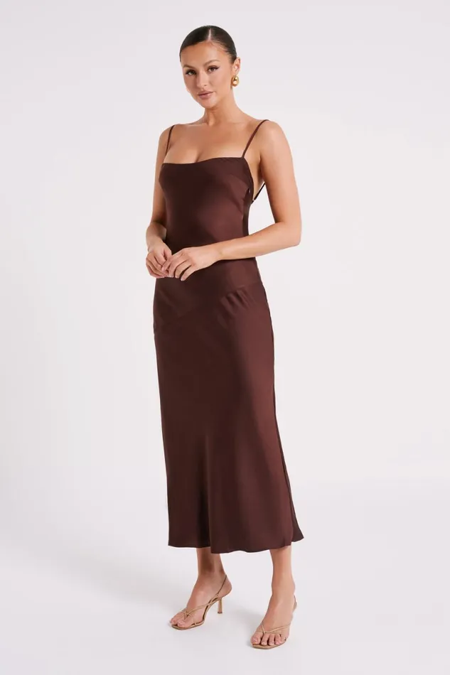 Meshki Maxi Dresses Women Brynlee Low Back Satin Maxi Dress 8211 Dark Chocolate Darkchocolate