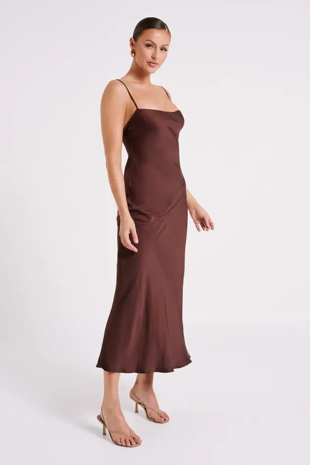 Meshki Maxi Dresses Women Brynlee Low Back Satin Maxi Dress 8211 Dark Chocolate Darkchocolate