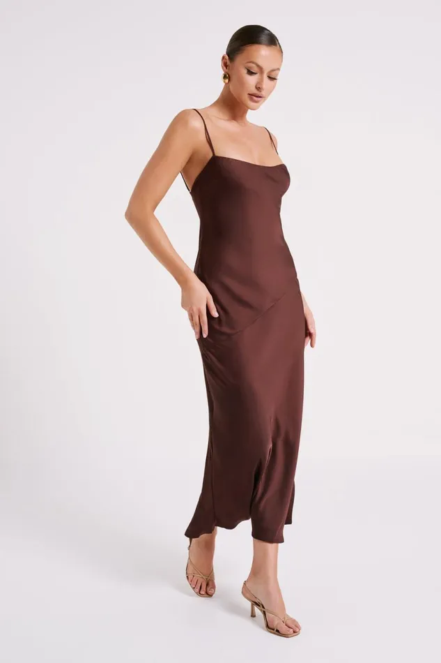 Meshki Maxi Dresses Women Brynlee Low Back Satin Maxi Dress 8211 Dark Chocolate Darkchocolate