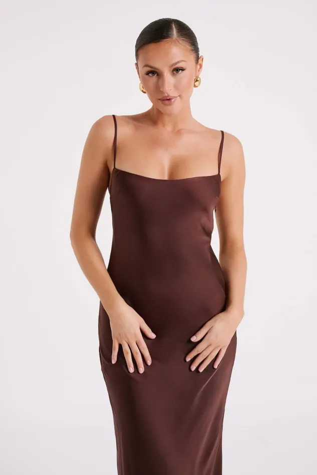 Meshki Maxi Dresses Women Brynlee Low Back Satin Maxi Dress 8211 Dark Chocolate Darkchocolate