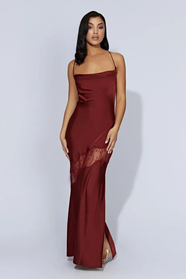 Meshki Maxi Dresses Women Chandra Lace Detail Satin Maxi Dress 8211 Cherry Chocolate Cherrychocolate