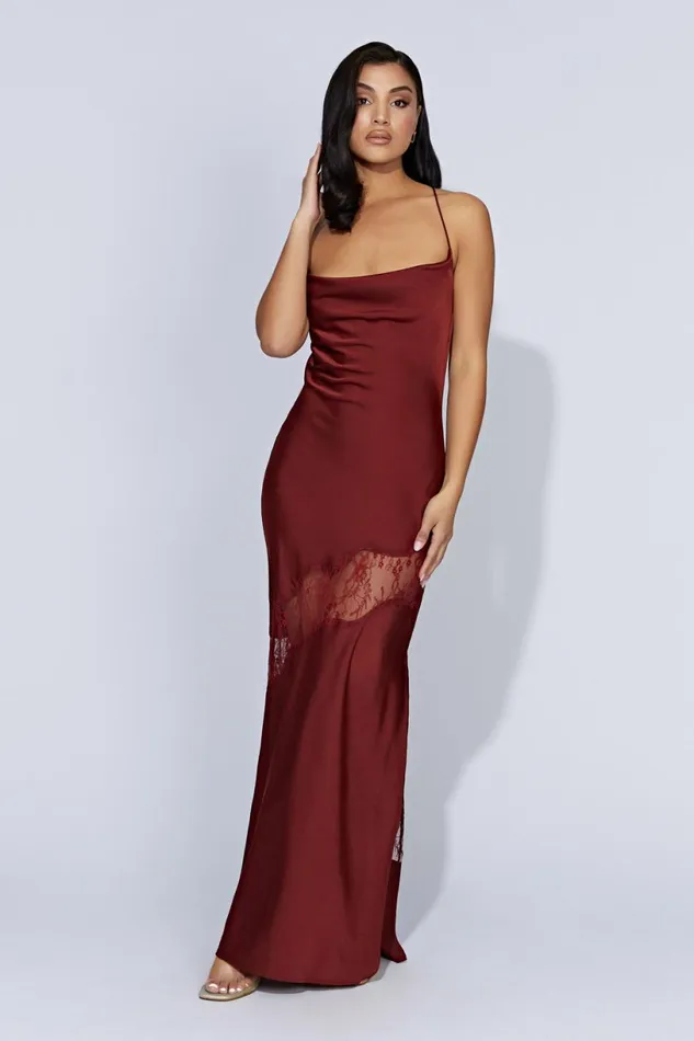 Meshki Maxi Dresses Women Chandra Lace Detail Satin Maxi Dress 8211 Cherry Chocolate Cherrychocolate
