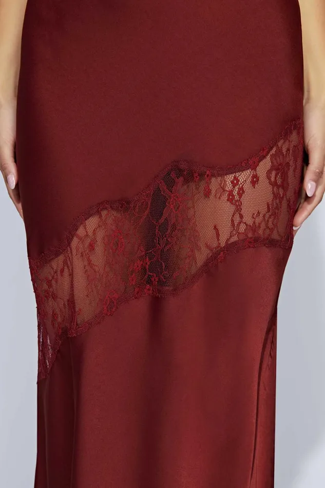 Meshki Maxi Dresses Women Chandra Lace Detail Satin Maxi Dress 8211 Cherry Chocolate Cherrychocolate