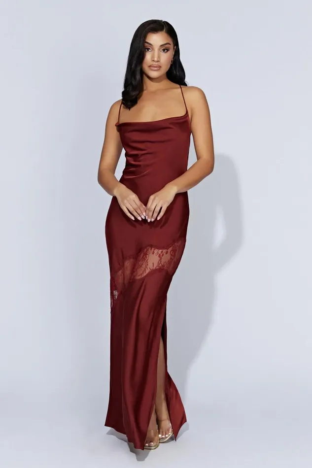 Meshki Maxi Dresses Women Chandra Lace Detail Satin Maxi Dress 8211 Cherry Chocolate Cherrychocolate