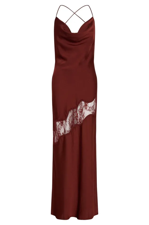 Meshki Maxi Dresses Women Chandra Lace Detail Satin Maxi Dress 8211 Cherry Chocolate Cherrychocolate