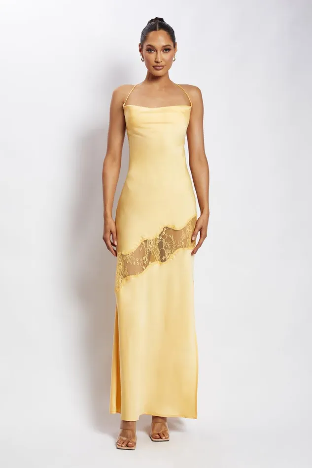 Meshki Maxi Dresses Women Chandra Lace Detail Satin Maxi Dress 8211 Lemon Lemon