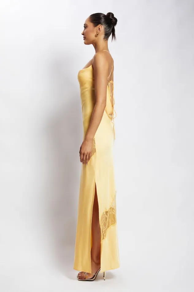 Meshki Maxi Dresses Women Chandra Lace Detail Satin Maxi Dress 8211 Lemon Lemon