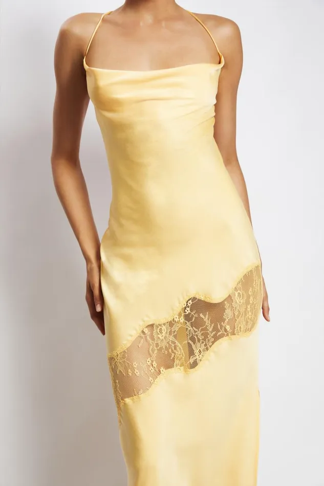 Meshki Maxi Dresses Women Chandra Lace Detail Satin Maxi Dress 8211 Lemon Lemon