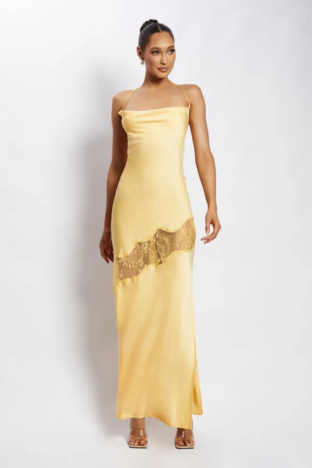 Meshki Maxi Dresses Women Chandra Lace Detail Satin Maxi Dress 8211 Lemon Lemon