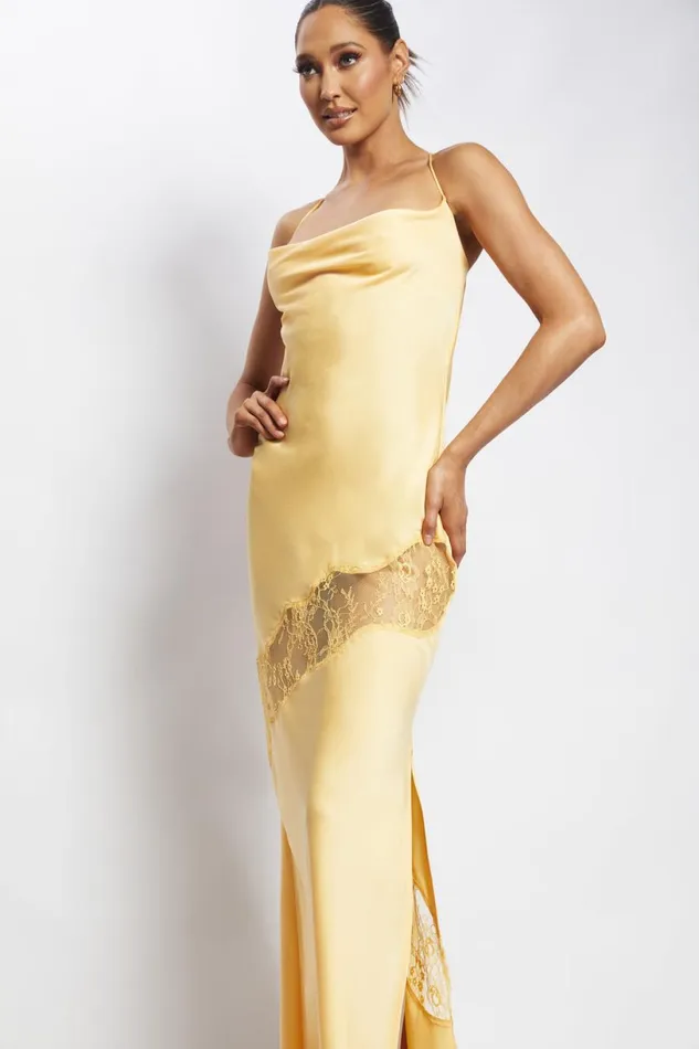 Meshki Maxi Dresses Women Chandra Lace Detail Satin Maxi Dress 8211 Lemon Lemon