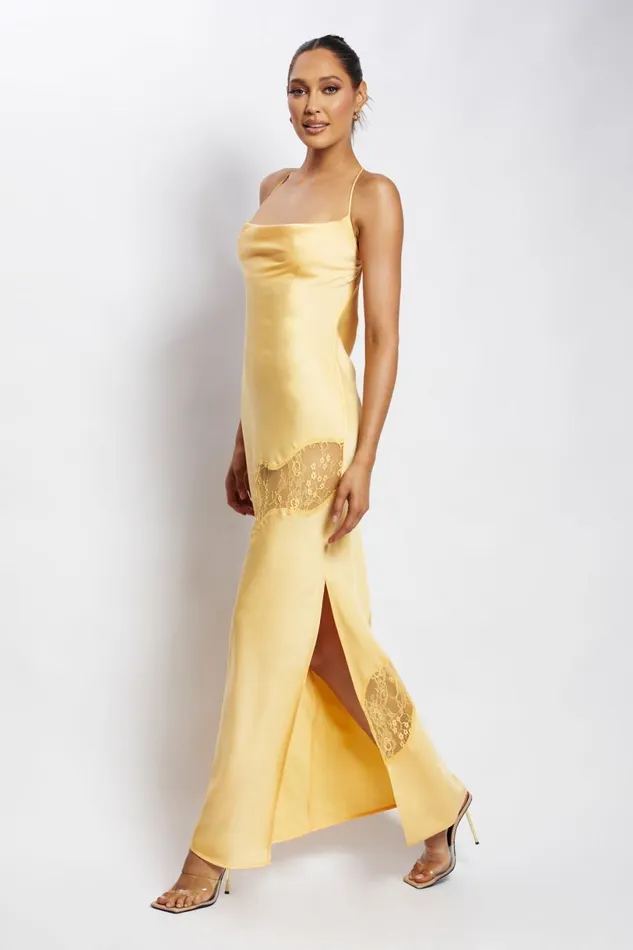 Meshki Maxi Dresses Women Chandra Lace Detail Satin Maxi Dress 8211 Lemon Lemon