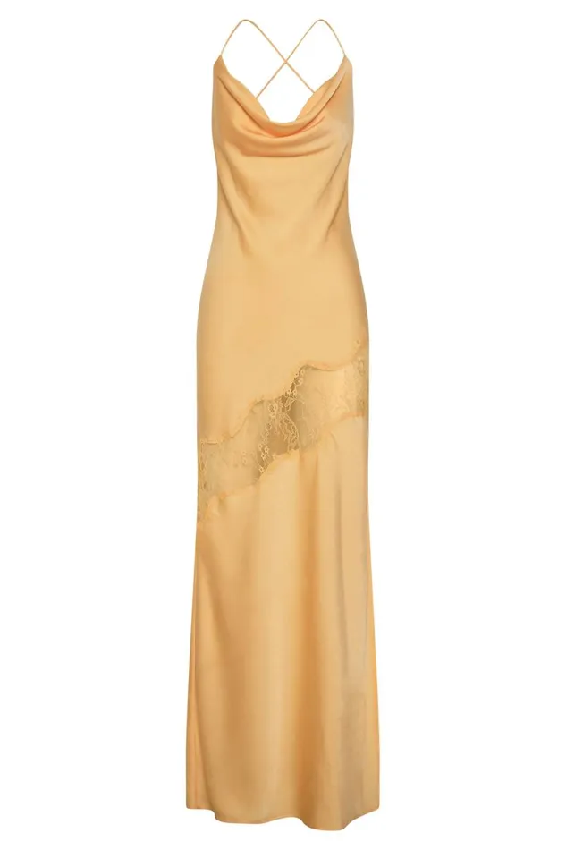 Meshki Maxi Dresses Women Chandra Lace Detail Satin Maxi Dress 8211 Lemon Lemon