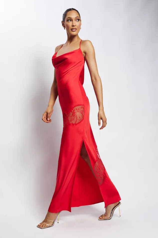 Meshki Maxi Dresses Women Chandra Lace Detail Satin Maxi Dress 8211 Red Red