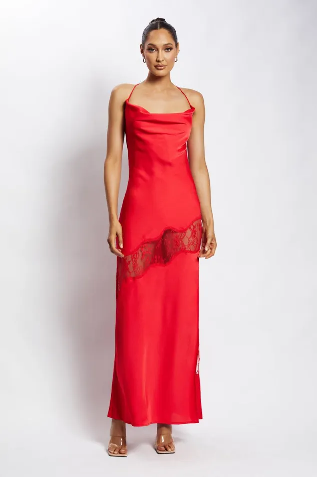Meshki Maxi Dresses Women Chandra Lace Detail Satin Maxi Dress 8211 Red Red
