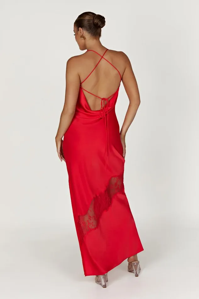 Meshki Maxi Dresses Women Chandra Lace Detail Satin Maxi Dress 8211 Red Red