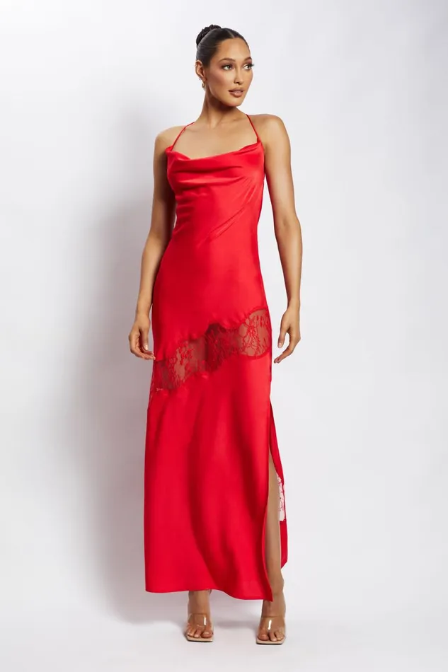Meshki Maxi Dresses Women Chandra Lace Detail Satin Maxi Dress 8211 Red Red