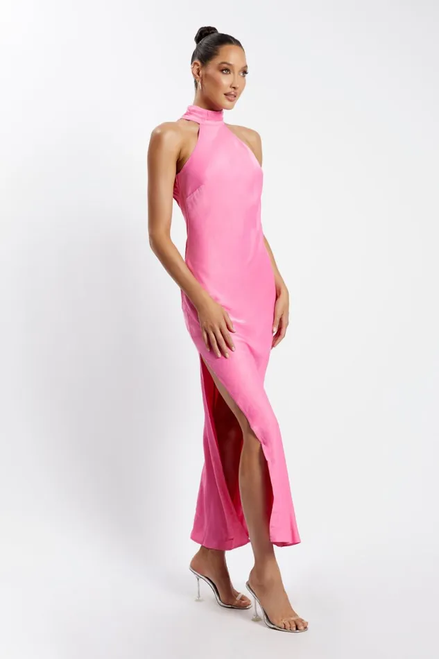 Meshki Maxi Dresses Women Claire Satin Drape Back Maxi Dress With Split 8211 Pink Pink