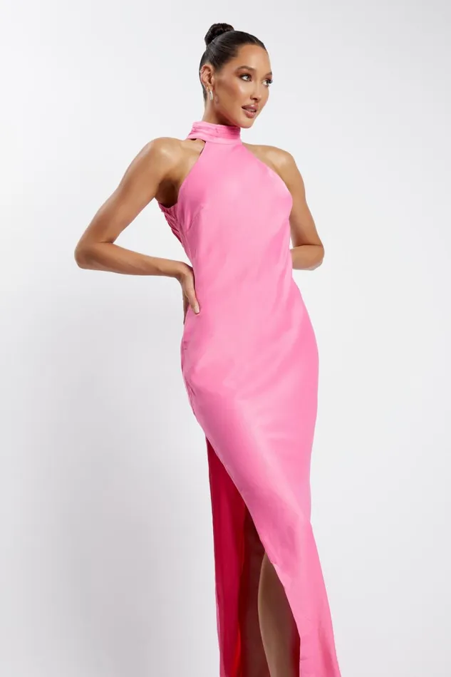 Meshki Maxi Dresses Women Claire Satin Drape Back Maxi Dress With Split 8211 Pink Pink