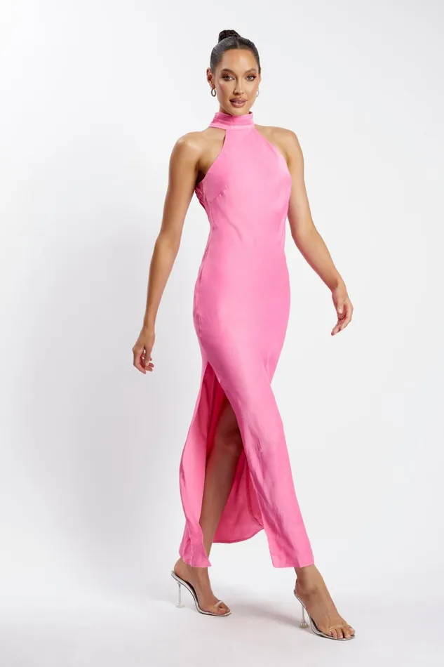 Meshki Maxi Dresses Women Claire Satin Drape Back Maxi Dress With Split 8211 Pink Pink