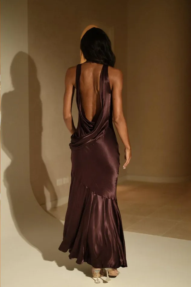 Meshki Maxi Dresses Women Ellison Satin Cowl Gown 8211 Dark Chocolate Darkchocolate Meshki Maxi Dresses Women Ellison Satin Cowl Gown 8211 Dark Chocolate Darkchocolate