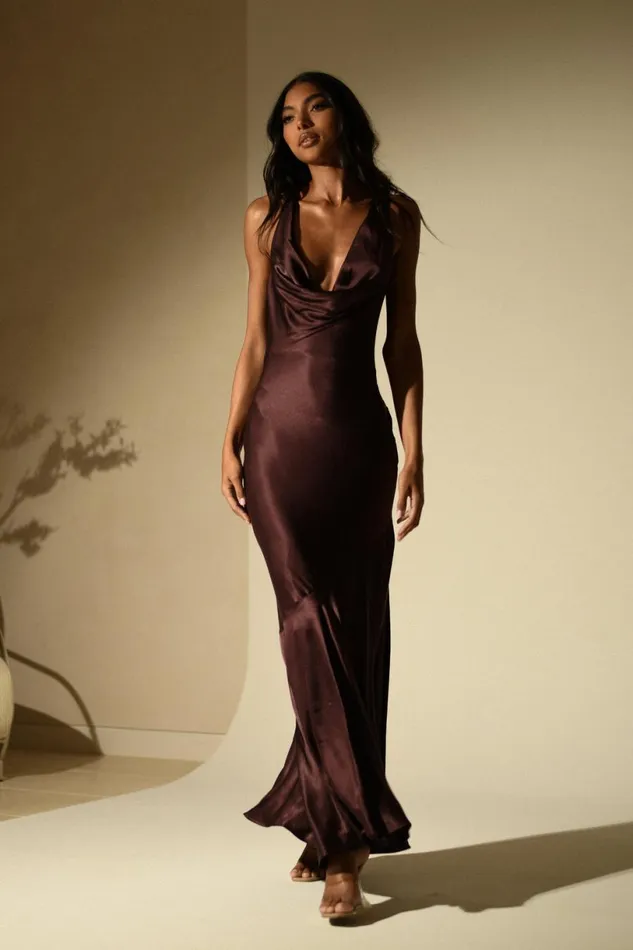 Meshki Maxi Dresses Women Ellison Satin Cowl Gown 8211 Dark Chocolate Darkchocolate