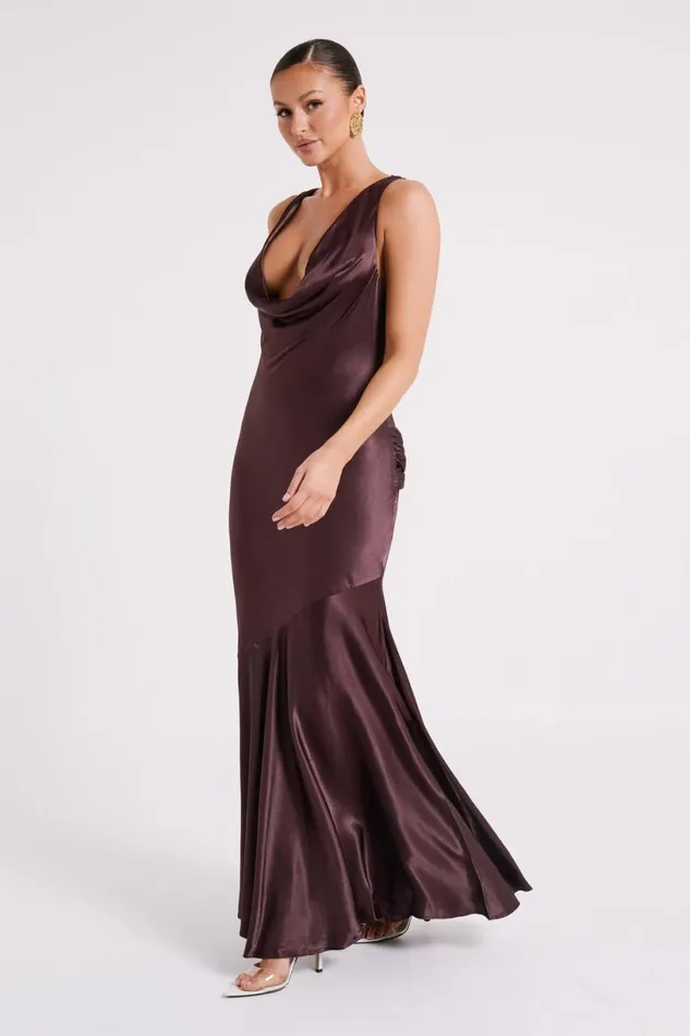 Meshki Maxi Dresses Women Ellison Satin Cowl Gown 8211 Dark Chocolate Darkchocolate