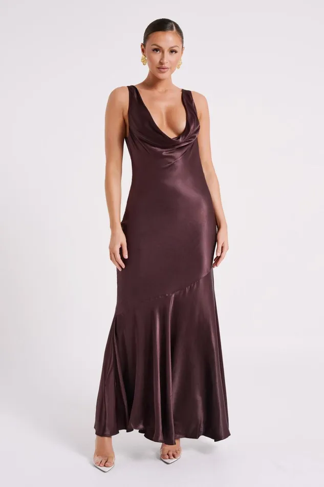 Meshki Maxi Dresses Women Ellison Satin Cowl Gown 8211 Dark Chocolate Darkchocolate