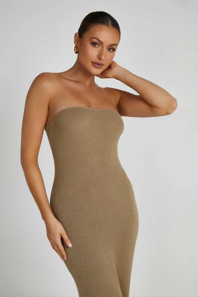 Meshki Maxi Dresses Women Emmy Strapless Knit Maxi Dress 8211 Olive Olive