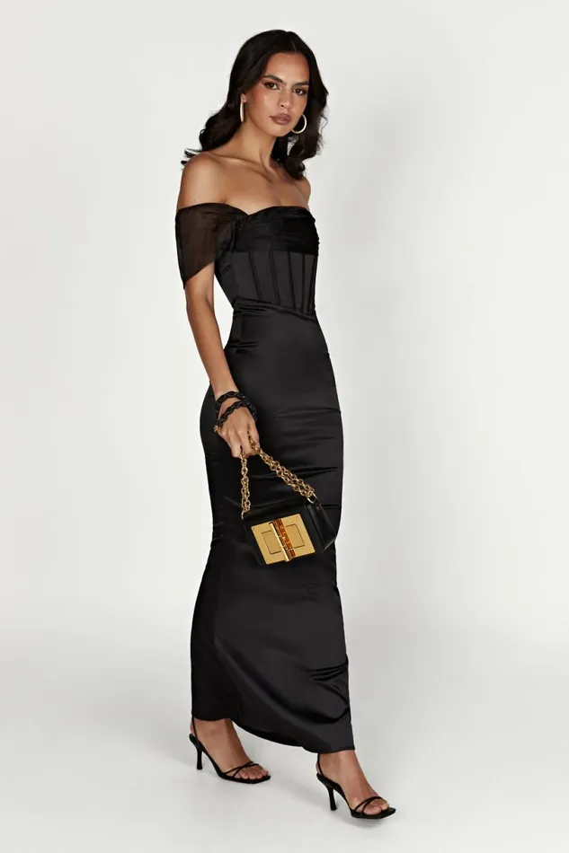 Meshki Maxi Dresses Women Everly Off Shoulder Organza Satin Maxi Dress 8211 Black Black