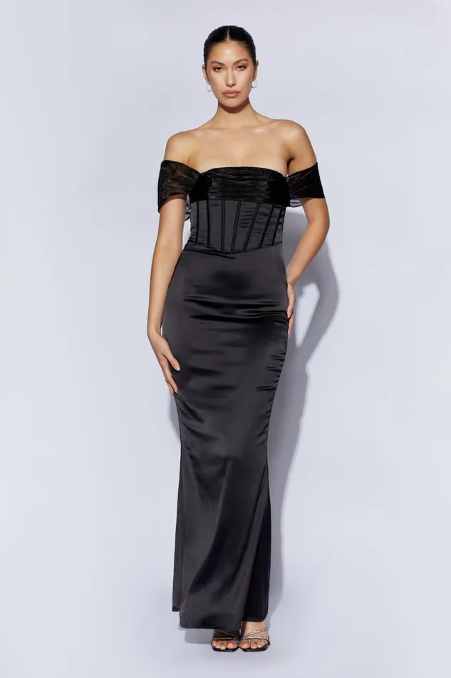 Meshki Maxi Dresses Women Everly Off Shoulder Organza Satin Maxi Dress 8211 Black Black