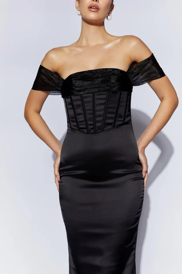 Meshki Maxi Dresses Women Everly Off Shoulder Organza Satin Maxi Dress 8211 Black Black