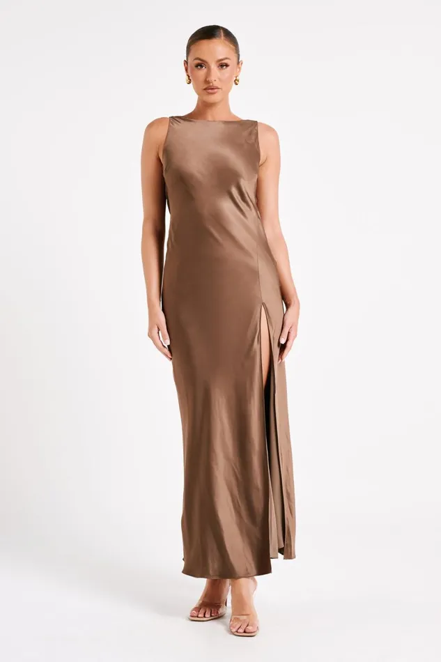 Meshki Maxi Dresses Women Gemima Satin Maxi Dress With Split 8211 Mocha Mocha Meshki Maxi Dresses Women Gemima Satin Maxi Dress With Split 8211 Mocha Mocha