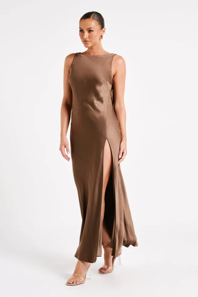 Meshki Maxi Dresses Women Gemima Satin Maxi Dress With Split 8211 Mocha Mocha Meshki Maxi Dresses Women Gemima Satin Maxi Dress With Split 8211 Mocha Mocha