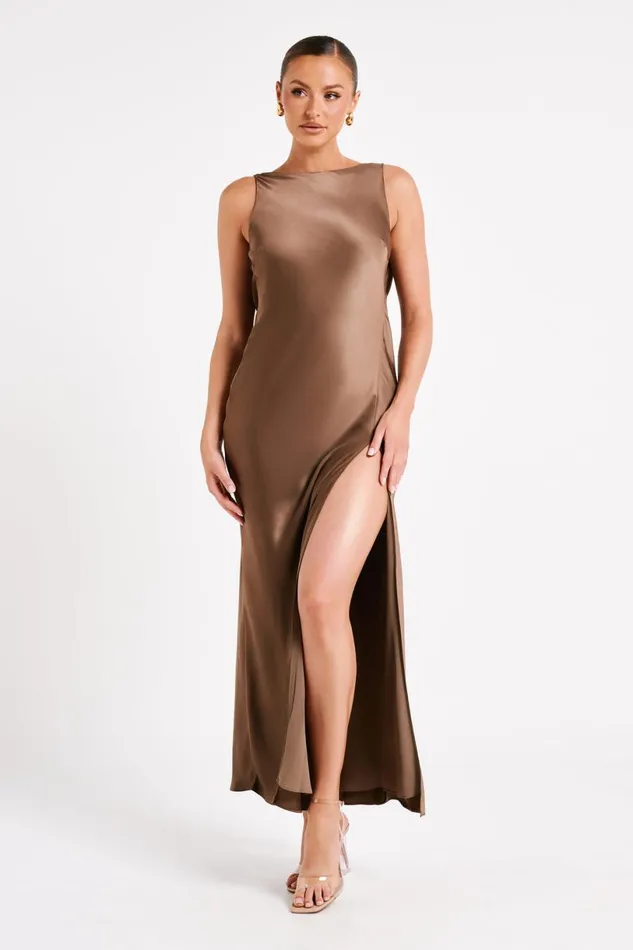 Meshki Maxi Dresses Women Gemima Satin Maxi Dress With Split 8211 Mocha Mocha Meshki Maxi Dresses Women Gemima Satin Maxi Dress With Split 8211 Mocha Mocha
