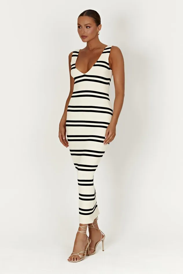 Meshki Maxi Dresses Women Henrietta Stripe Knit Maxi Dress 8211 BlackWhite Blackwhite